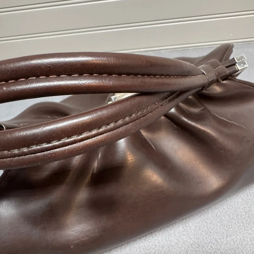 Vintage Mid Century Kiss Lock Satchel Handbag Brown Faux Leather Retro Large